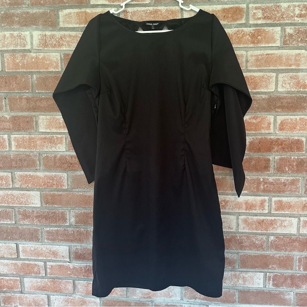 Samuel Dong Black Draped Sleeve Sheath Dress
